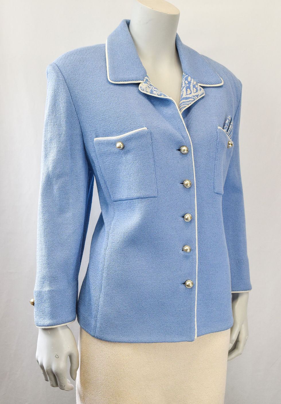 Miniatura: ST. JOHN Collection Knit Jacket 14 Blue White Pearl Button Handkerchief