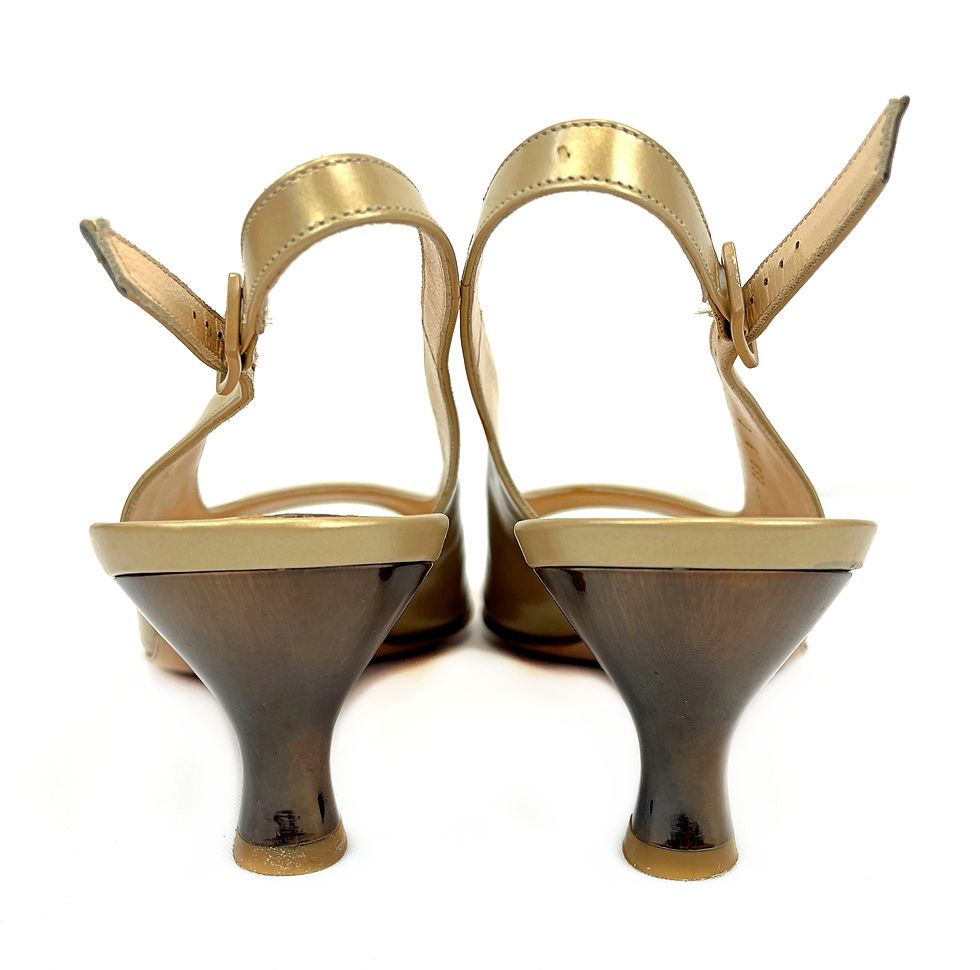 Thumbnail: SALVATORE FERRAGAMO Thana Patent 9 C Gold Slingback Buckle Heels Peep Toe Shoes