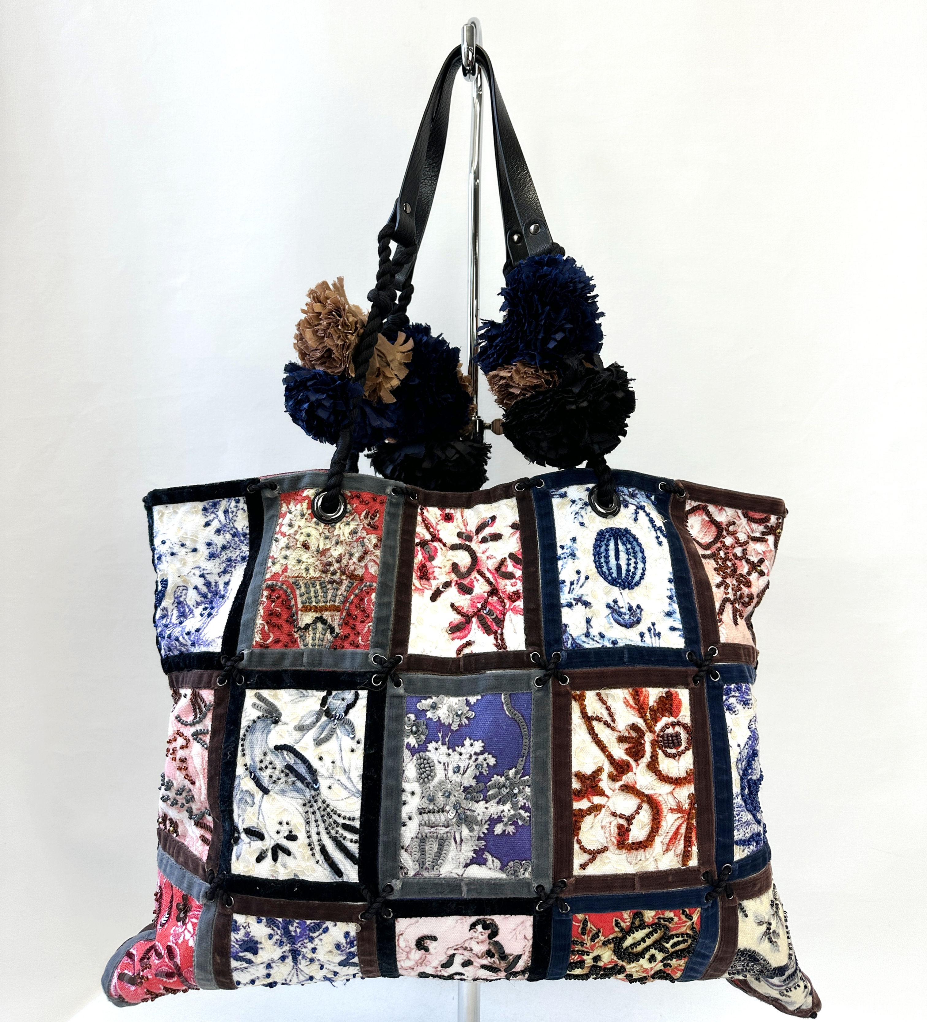 JAMIN PUECH Multicolor Embellished Pompom Patchwork Cotton Large Tote Bag