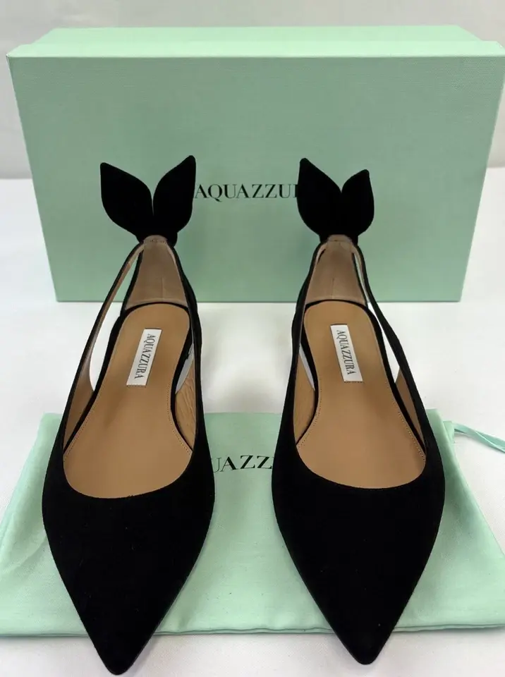 Miniatura: AQUAZZURA Bow Tie Ballet Flats 38.5 Black Suede Pointed Toe Side Cutouts NEW