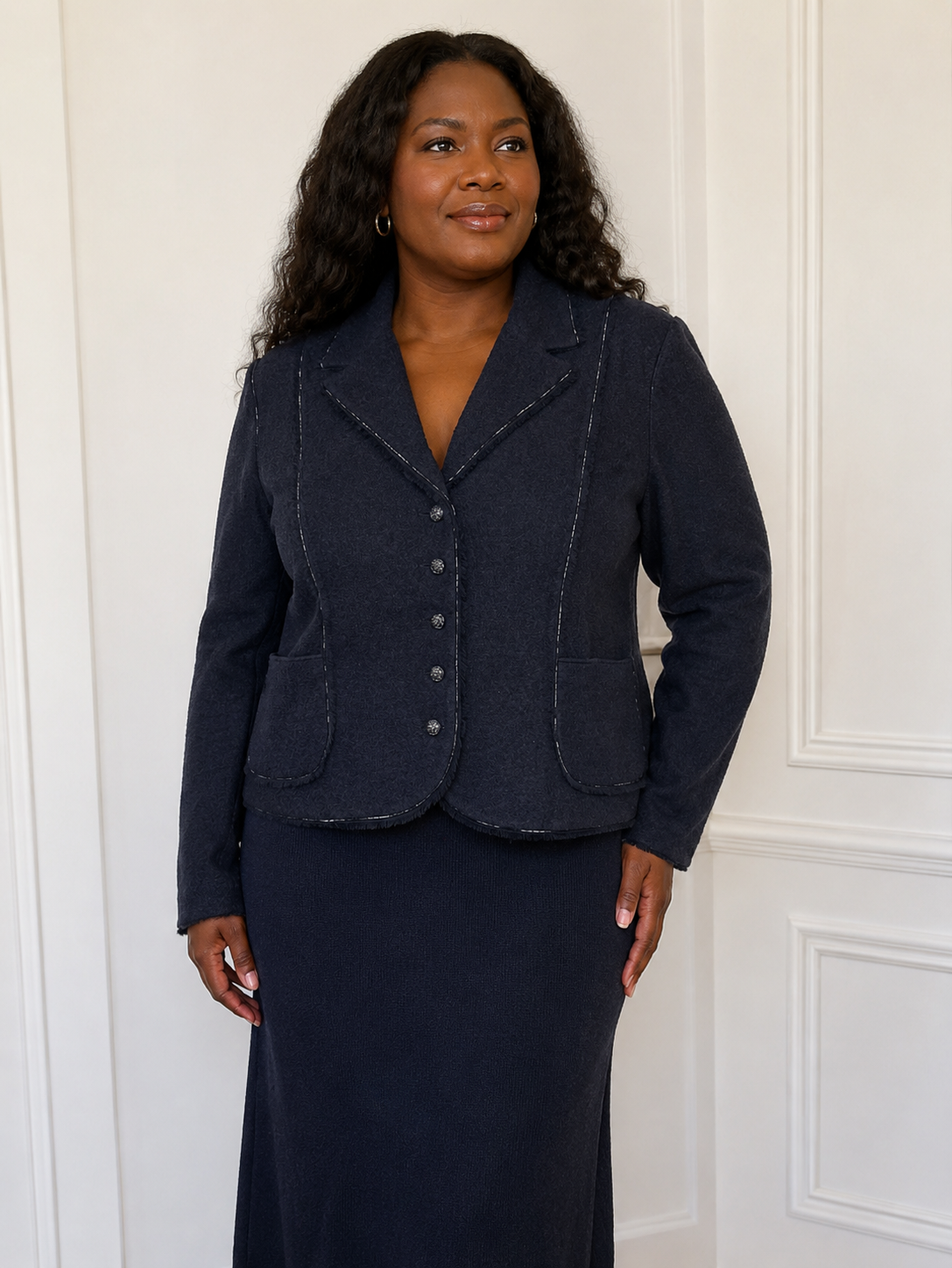 ST. JOHN Knits Evening Tweed Jacket 16 Black Embellished Trim Buttons