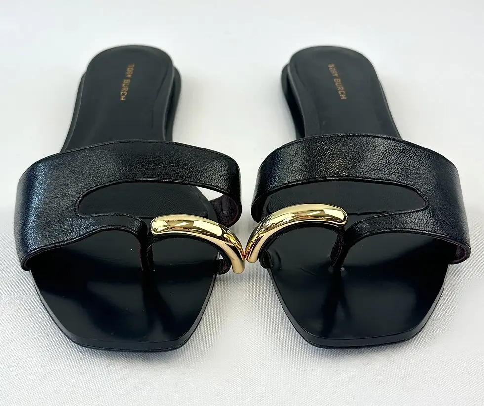 Miniatura: TORY BURCH Pierced Leather Slide Sandals 7.5 Black Gold Thong Open Toe NEW