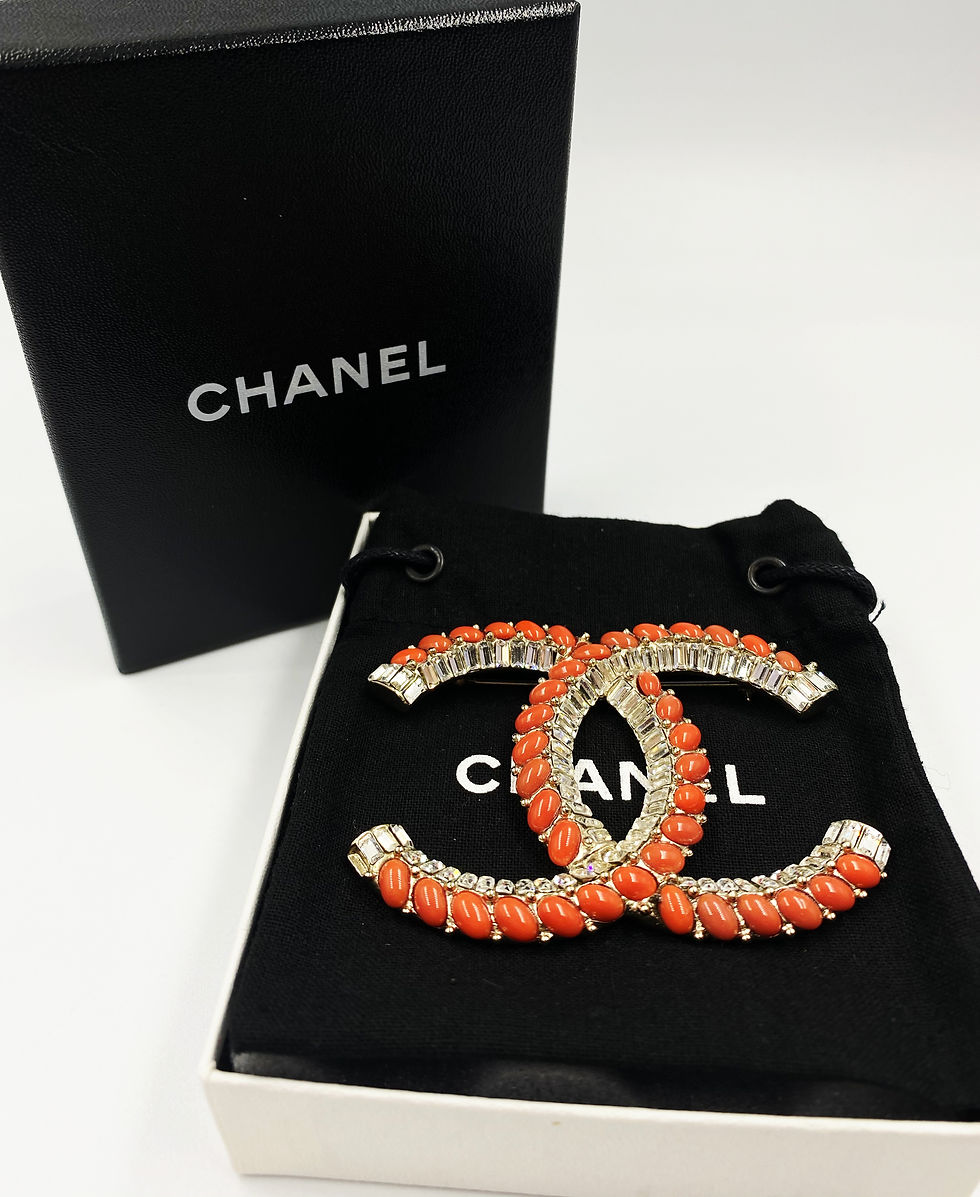 Miniatura: CHANEL Logo Crystal CC Gripoix Brooch 2008 Pin 3" Large Orange Beads NEW Signed