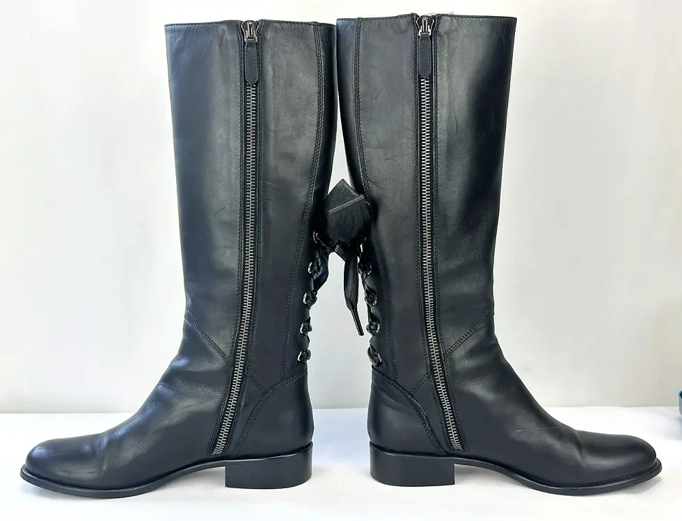 Hình thu nhỏ: VALENTINO Ascot Leather Lace Up Flat Boots 39.5 Black Ribbon Silver Zipper 9.5