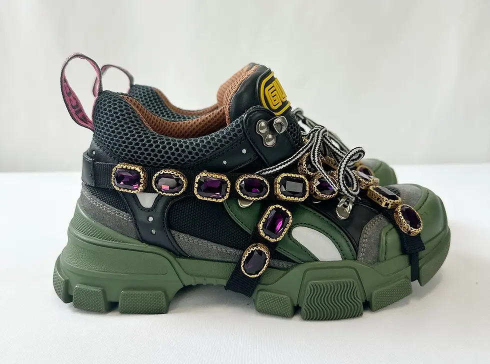 縮圖：GUCCI Flashtrek Mesh Leather Suede Sneakers 36.5 Black Green Crystals Shoes 6.5
