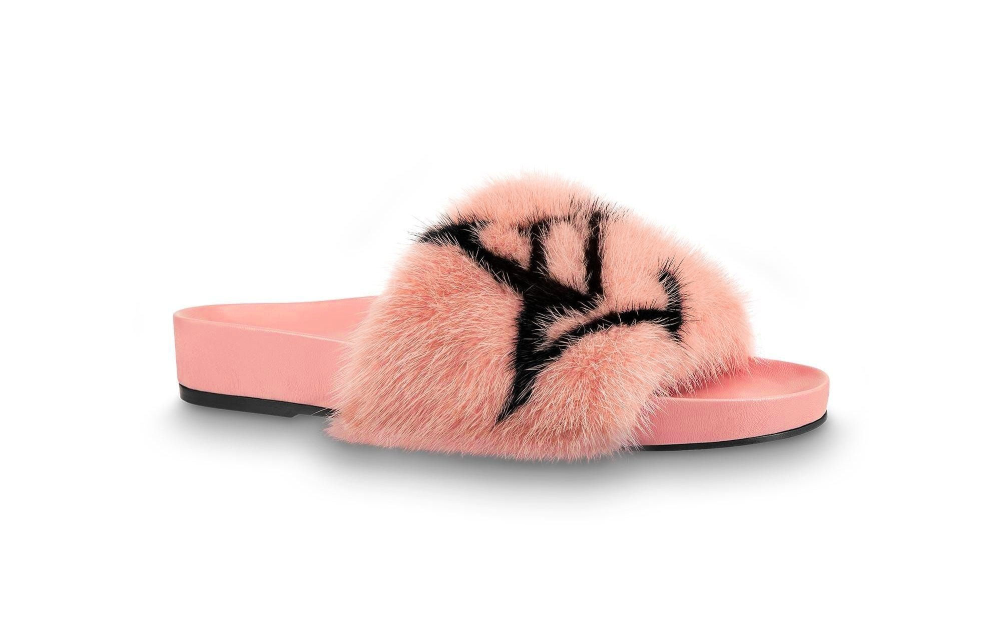 NEW LOUIS VUITTON LV Logo Pink Mink Fur Bom Dia Flat Mules Slides 40 1A4G9P 10US