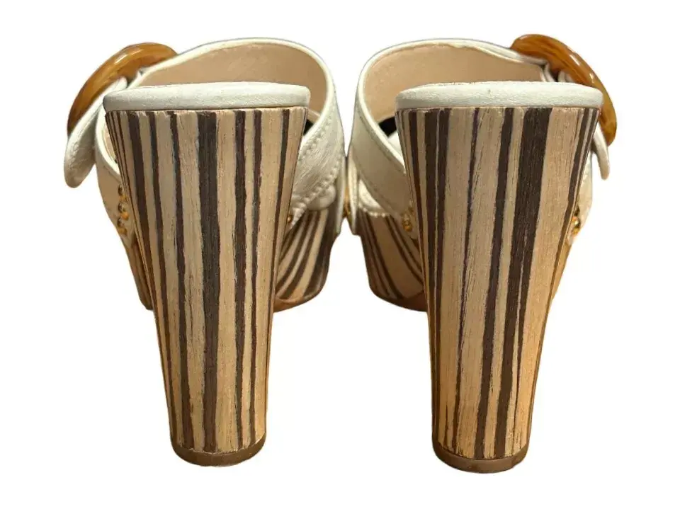 Hình thu nhỏ: PRADA White Striped Wooden Tortoise Platforms Buckle Slip On Sandals 37.5 US 7.5