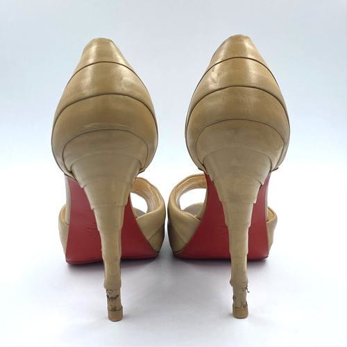 CHRISTIAN LOUBOUTIN Beige Leather Ruffle Peep Toe Heels 38 8