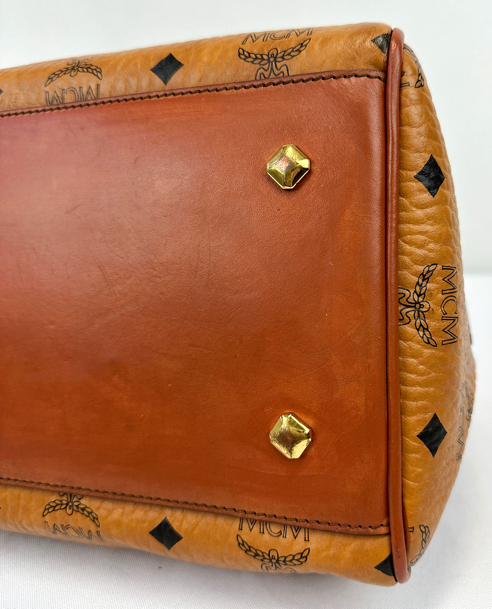 Thumbnail: MCM Visetos Coated Canvas Leather Medium Boston Bag Cognac