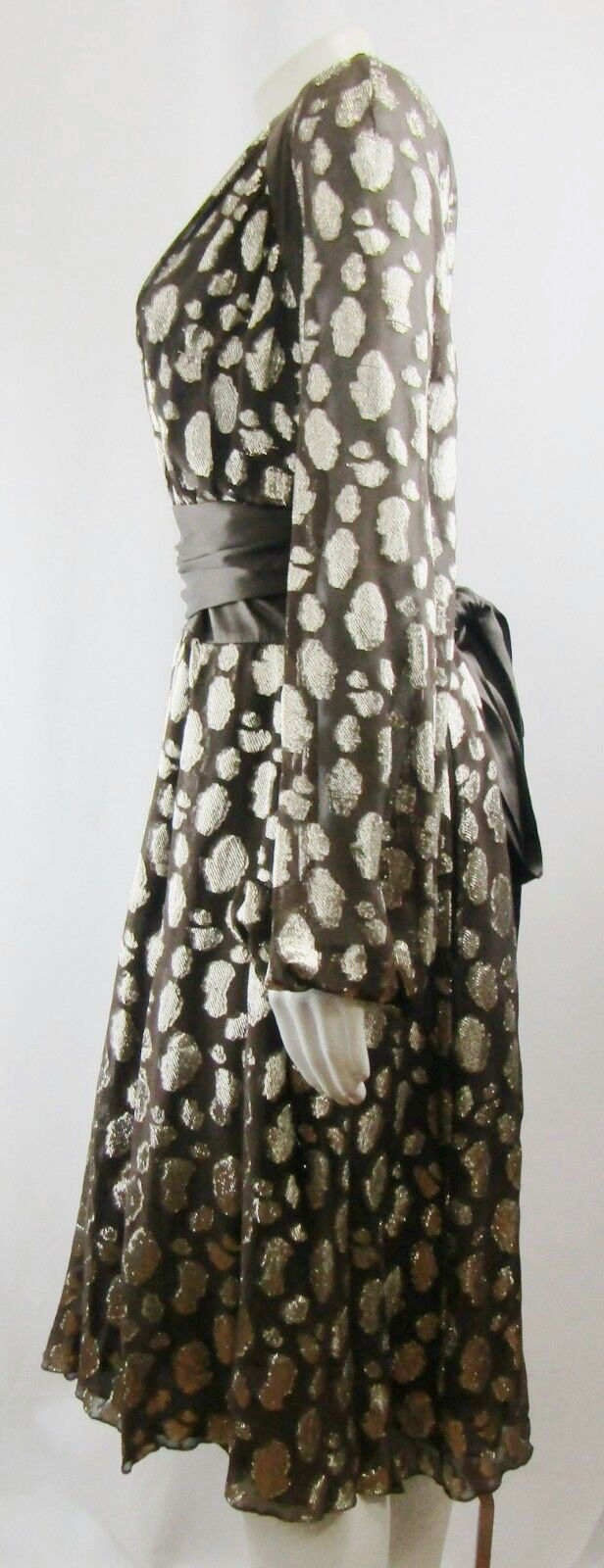 Miniatura: FERAUD Silk Blend Brown Shimmery Gold Jacquard Polka Dot Belt Dress 16
