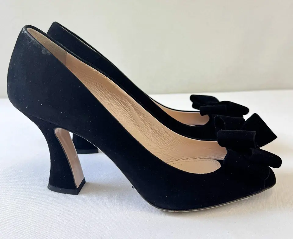 Thumbnail: MIU MIU Suede Leather Bow Peep Toe Spool Heels 39 9 US Black Shoes Women