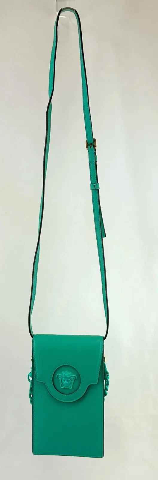 Thumbnail: VERSACE La Medusa Chain Crossbody Phone Pouch Turquoise Calfskin Messenger Bag
