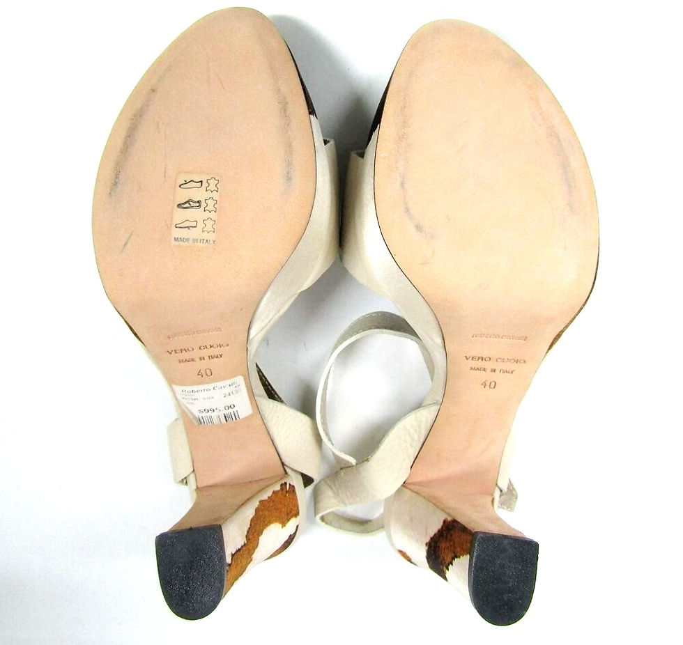 Thumbnail: ROBERTO CAVALLI Tiger Print Satin Leather Heels Platform Sandals 40 9 Ivory NEW