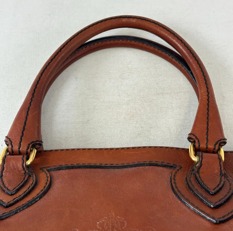Thumbnail: ROBERTO CAVALLI Leather Handbag Satchel Large Brown Logo Embossed Vintage