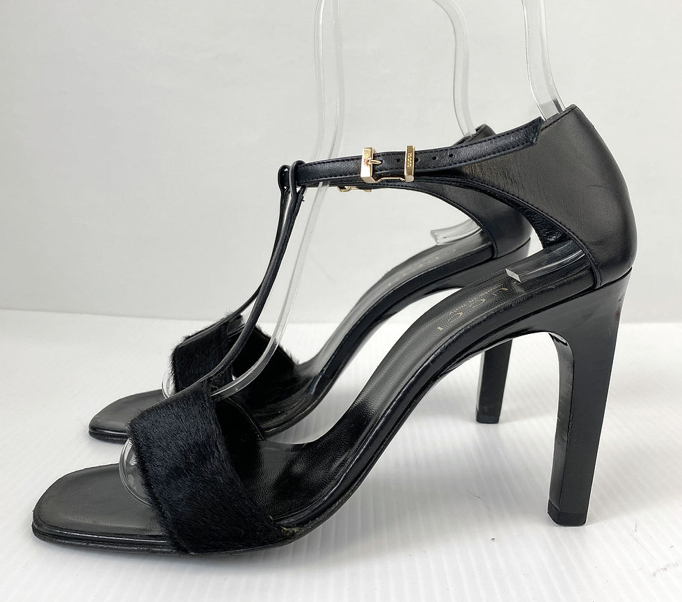 Thumbnail: GUCCI Black Leather Ponyhair T-Strap Gold Buckle Sandals Heels 8 Shoes