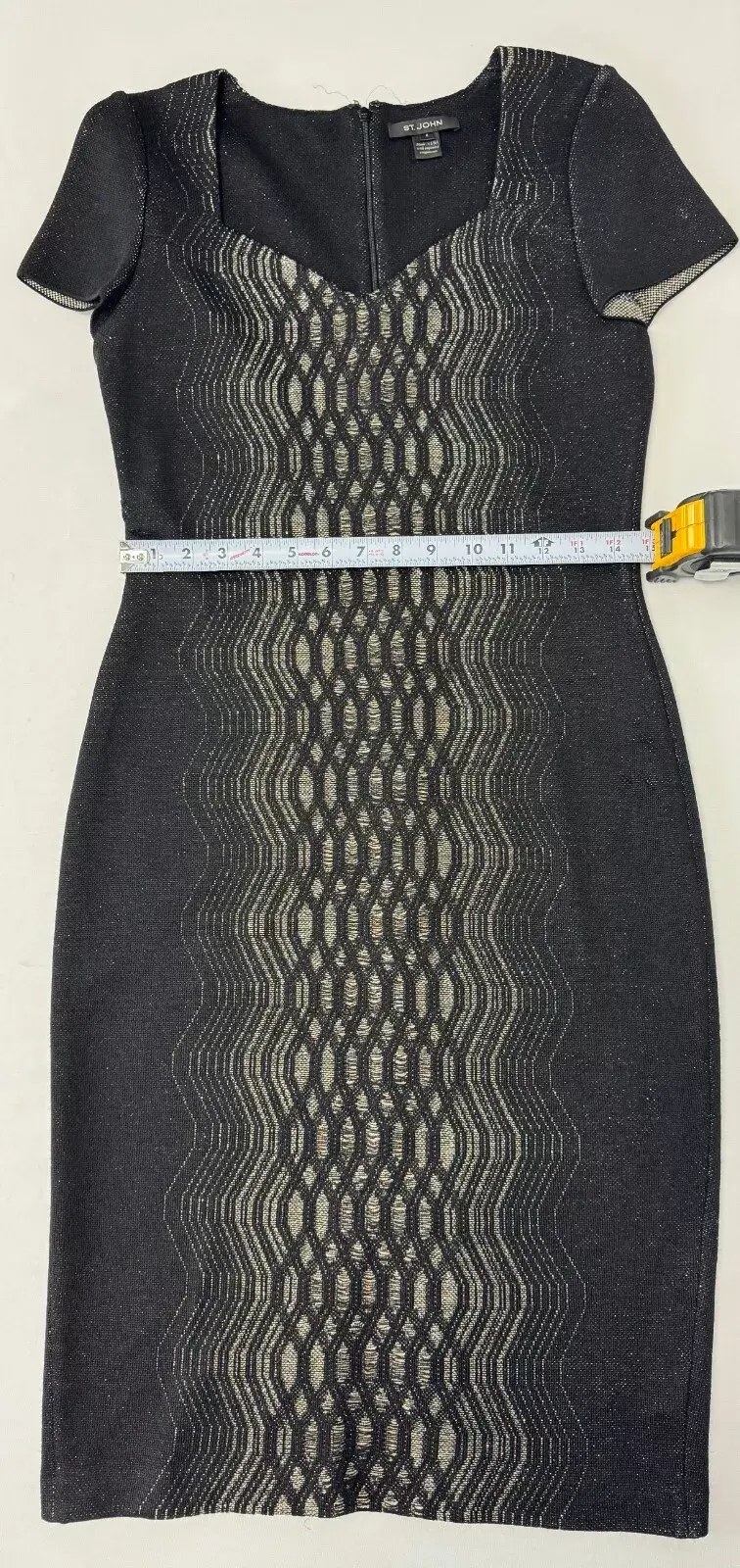 Thumbnail: ST. JOHN Jacquard Knit Dress 4 Black Metallic Illusion Sheath Sweetheart Midi