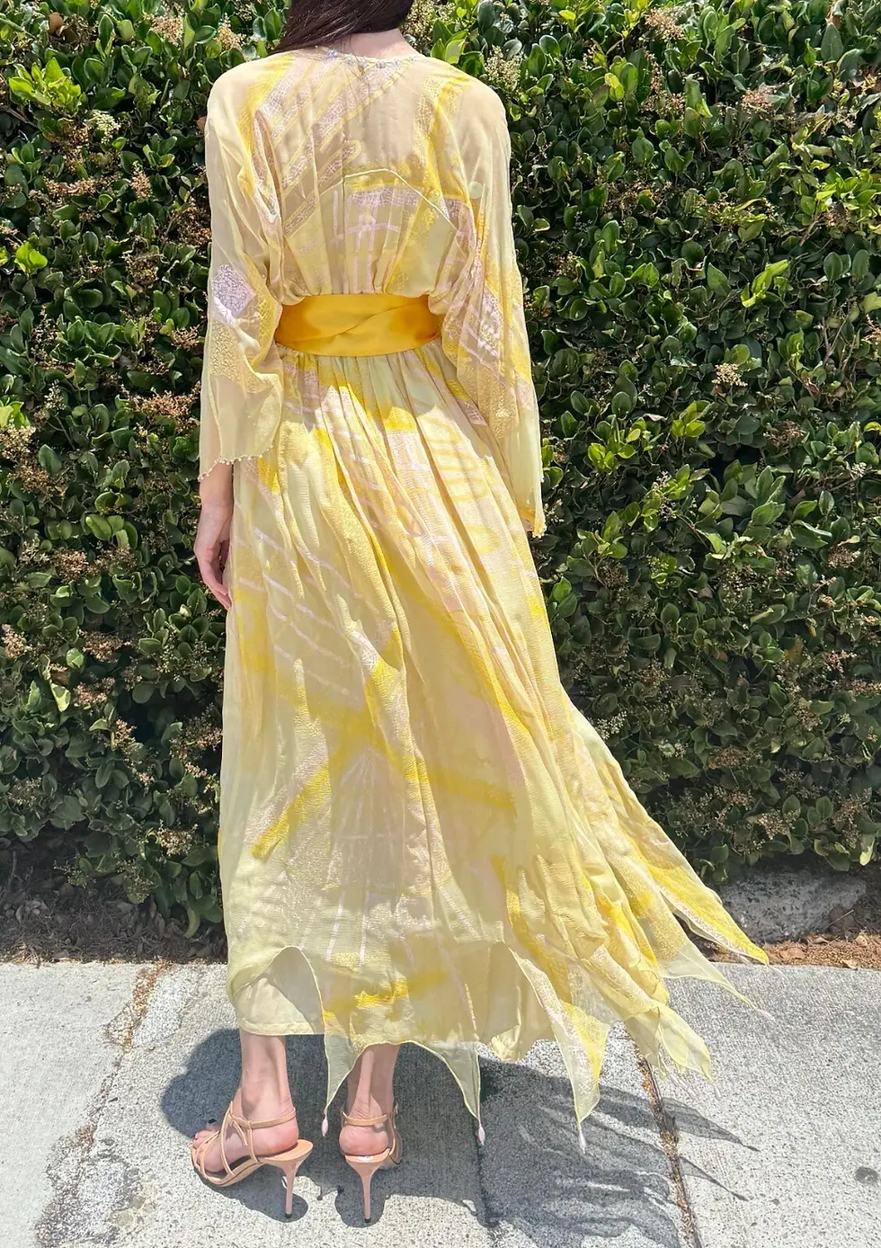 Hình thu nhỏ: ZANDRA RHODES Silk Chiffon Gown 6 Yellow Belted Embellished 1970's Midi