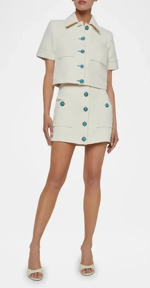 Thumbnail: L'AGENCE Chita Jacket 8 Ivory Turquoise Buttons Cropped Short Sleeve NWOT Blazer