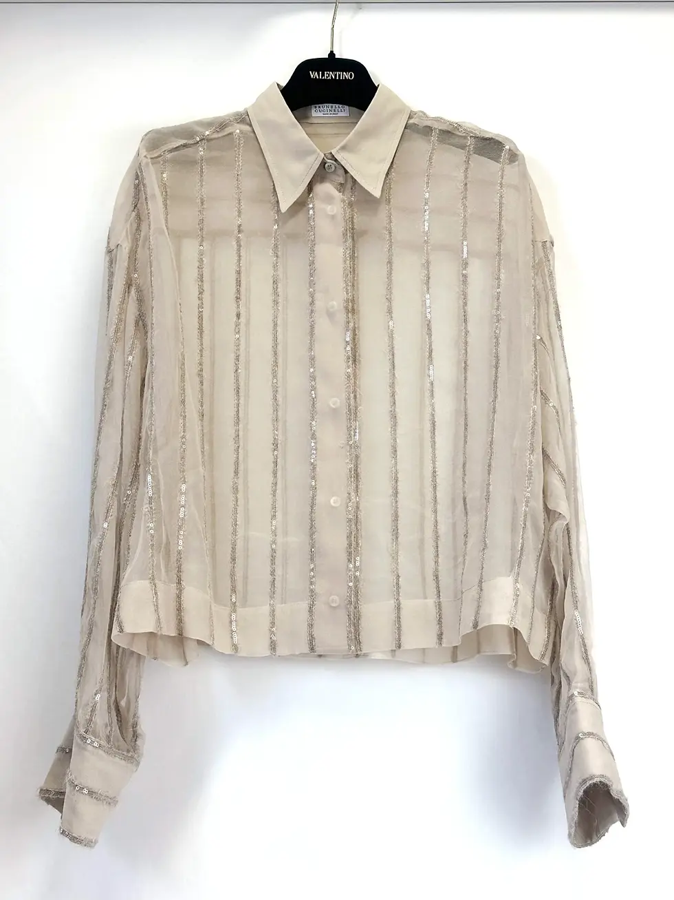 Miniatura: BRUNELLO CUCINELLI Crispy Silk Button-Front Blouse Medium Beige Sequin Stripes