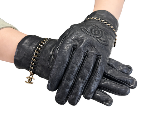 シャネル　チェーンレザー　グローブ CHANEL Chain Link Leather Gloves 7 Black Antique Gold Interocking