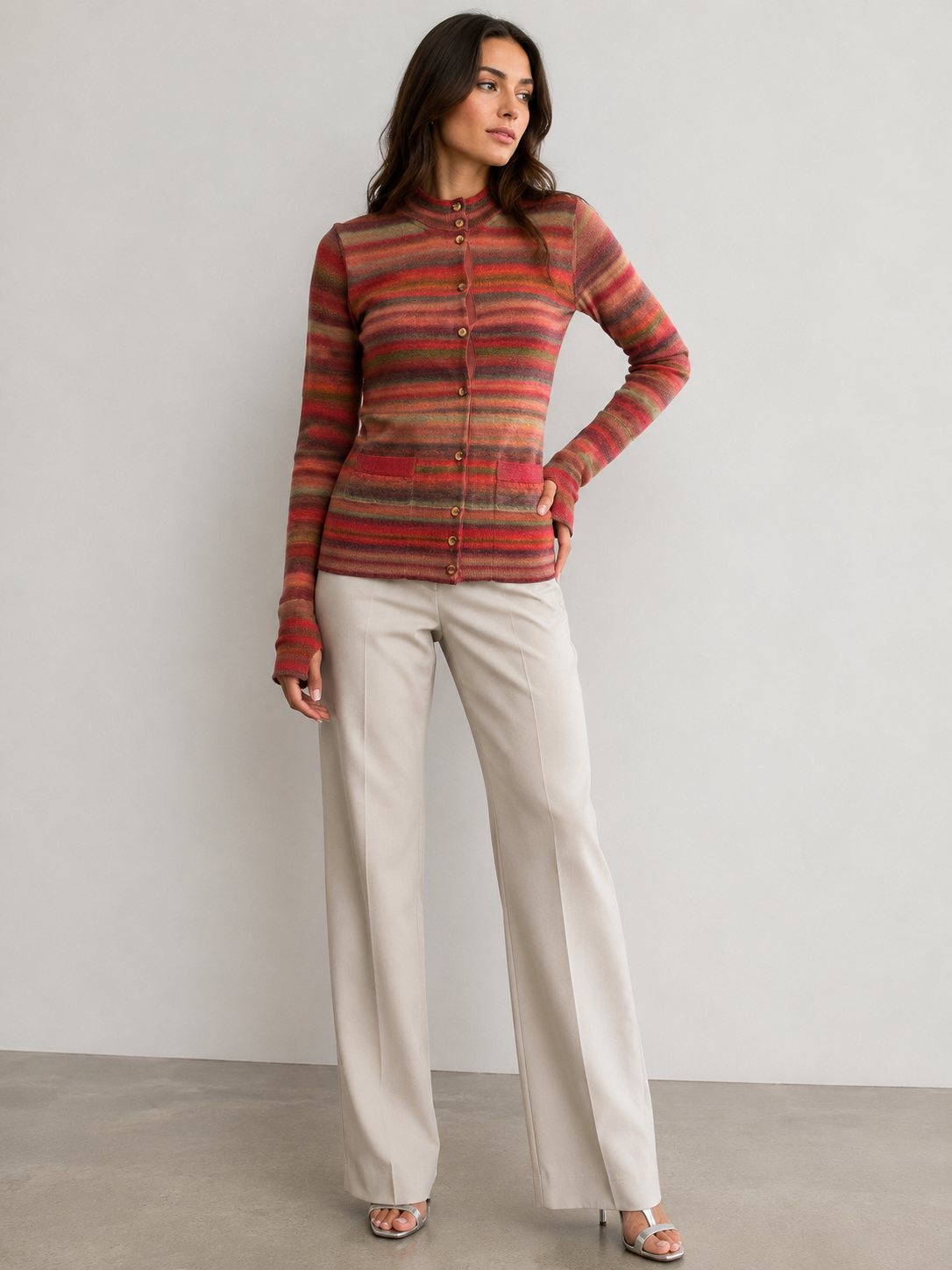 YSL YVES SAINT LAURENT Wool Knit Cardigan Medium Red Multicolor Striped