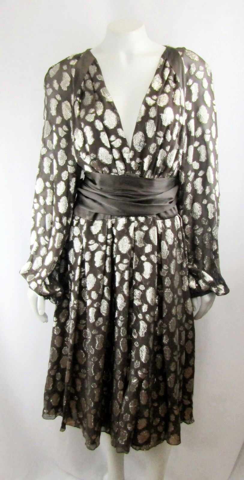 Hình thu nhỏ: FERAUD Silk Blend Brown Shimmery Gold Jacquard Polka Dot Belt Dress 16