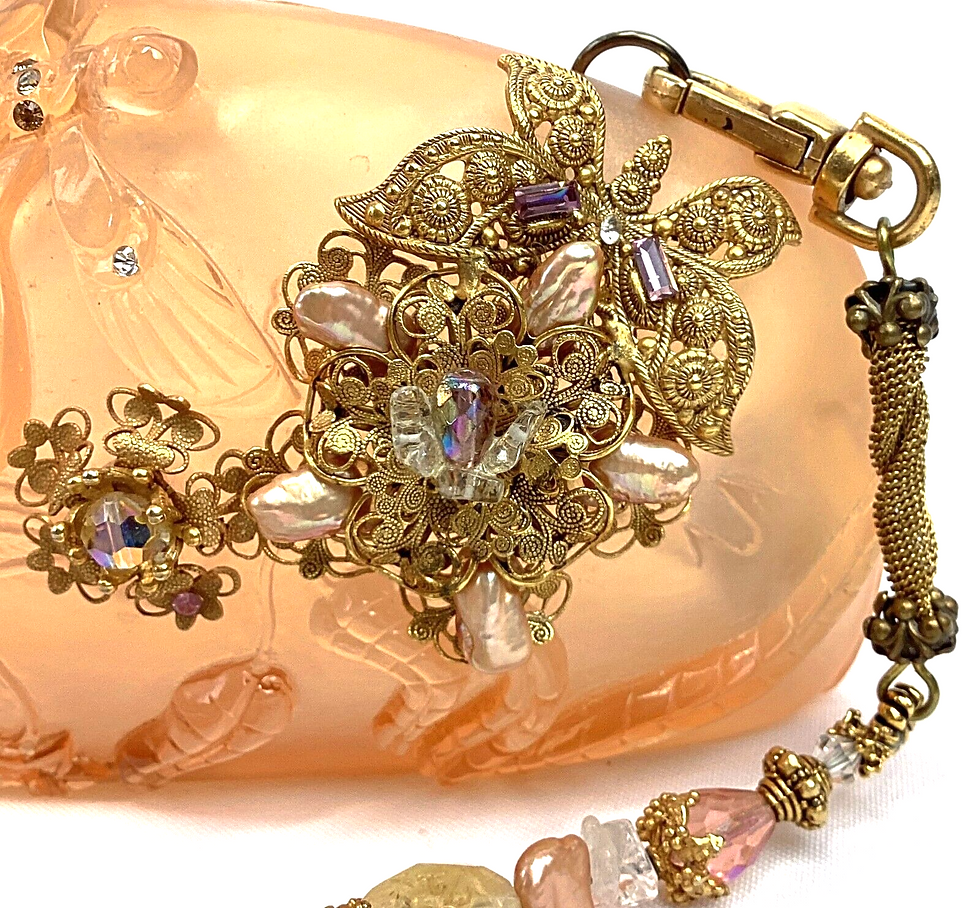 Miniatura: NWT MAYA Evangelista Hard Case Resin Peach Dragonfly Handbag Gold Chain Strap