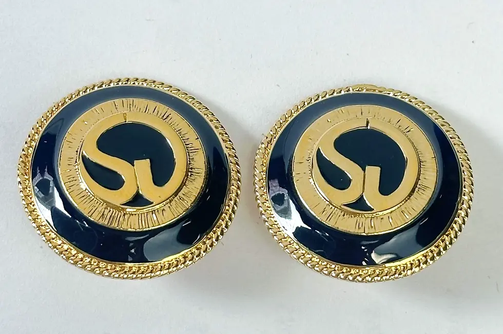Miniatura: NEW ST. JOHN Earrings Clip On Round Logo 22k Gold Plated Navy Enamel Signed