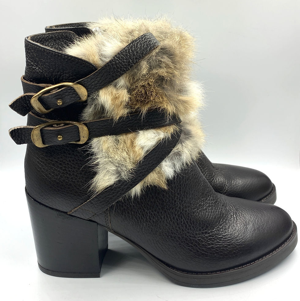 縮圖：NEW MANAS Dark Brown Leather Rabbit Fur Trim T Moro Ankle Boots 39 8.5