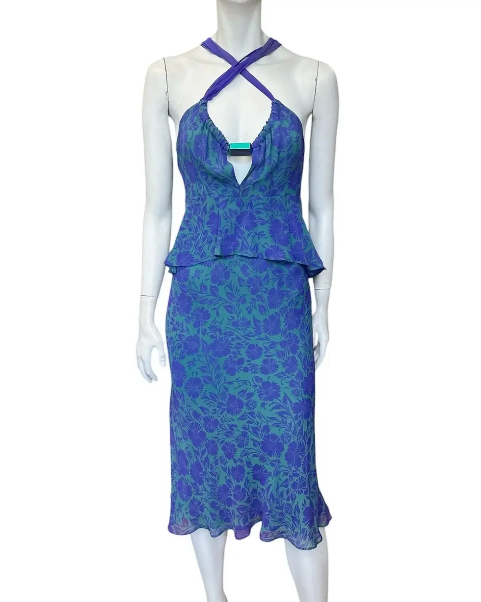 Thumbnail: ETRO Floral Ruffle Halter Slip Knee Length Dress 42 6 Purple Green Silk Keyhole