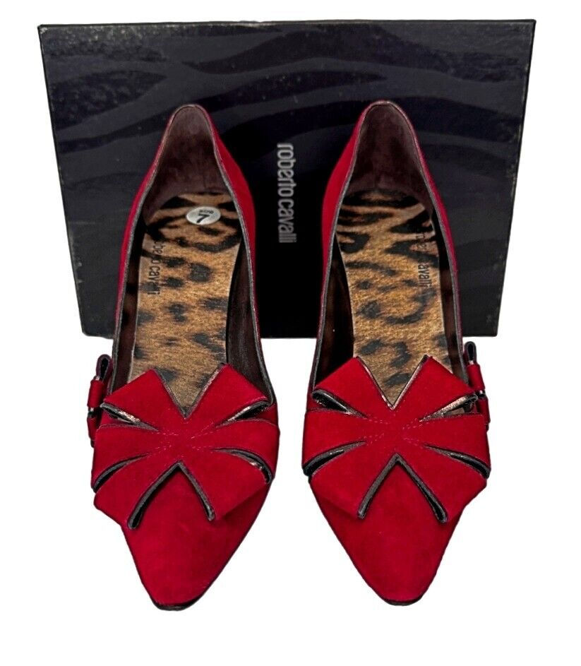 Hình thu nhỏ: ROBERTO CAVALLI Suede Pumps 37 7 Red Pointed Toe Ribbon Leopard Lining