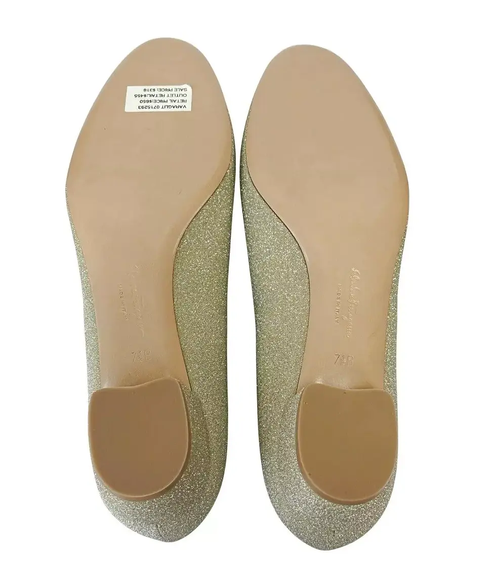 Thumbnail: SALVATORE FERRAGAMO Vara Glitter Pumps 7.5 Oro Gold Bow Classic Shoes