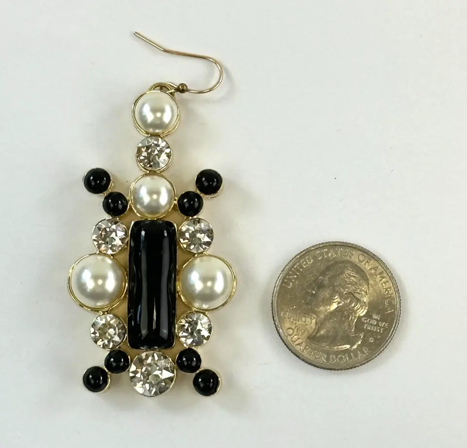 Hình thu nhỏ: ST. JOHN Rhinestone Pearl Dangling Drop Earrings Black 22K Gold Plated Fish Hook