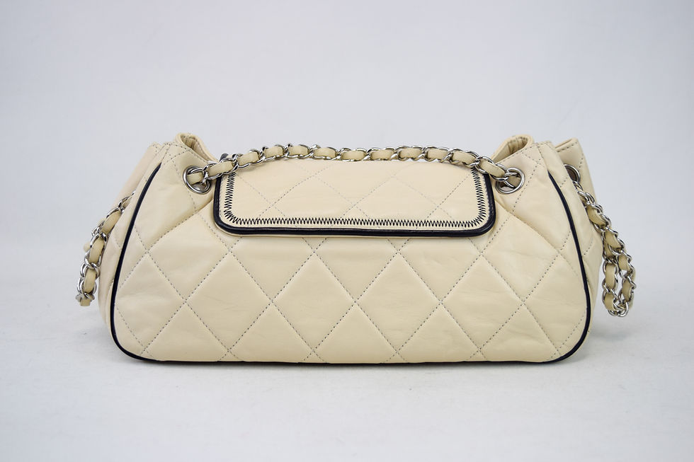 Thumbnail: CHANEL Leather East West Accordion Shoulder Flap Bag White Black Mademoiselle