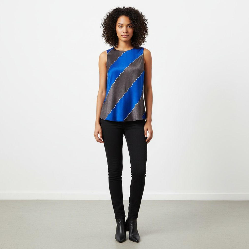 NEW CHANEL Silk Blouse Blue Grey Stripe Print Sleeveless 38 6 Top Pullover RARE