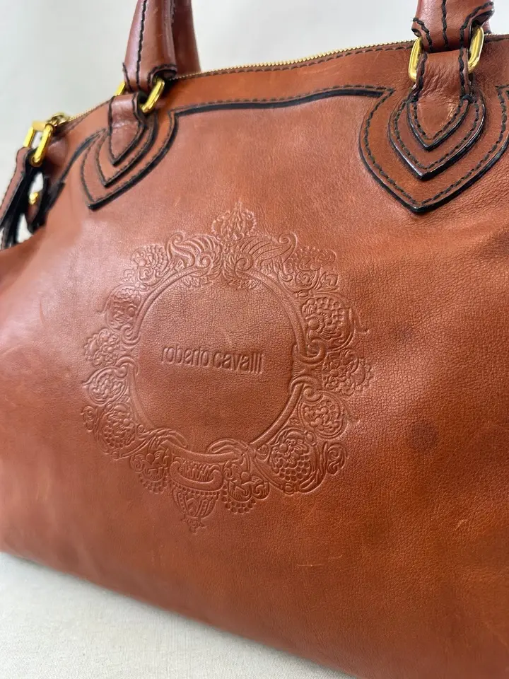Thumbnail: ROBERTO CAVALLI Leather Handbag Satchel Large Brown Logo Embossed Vintage