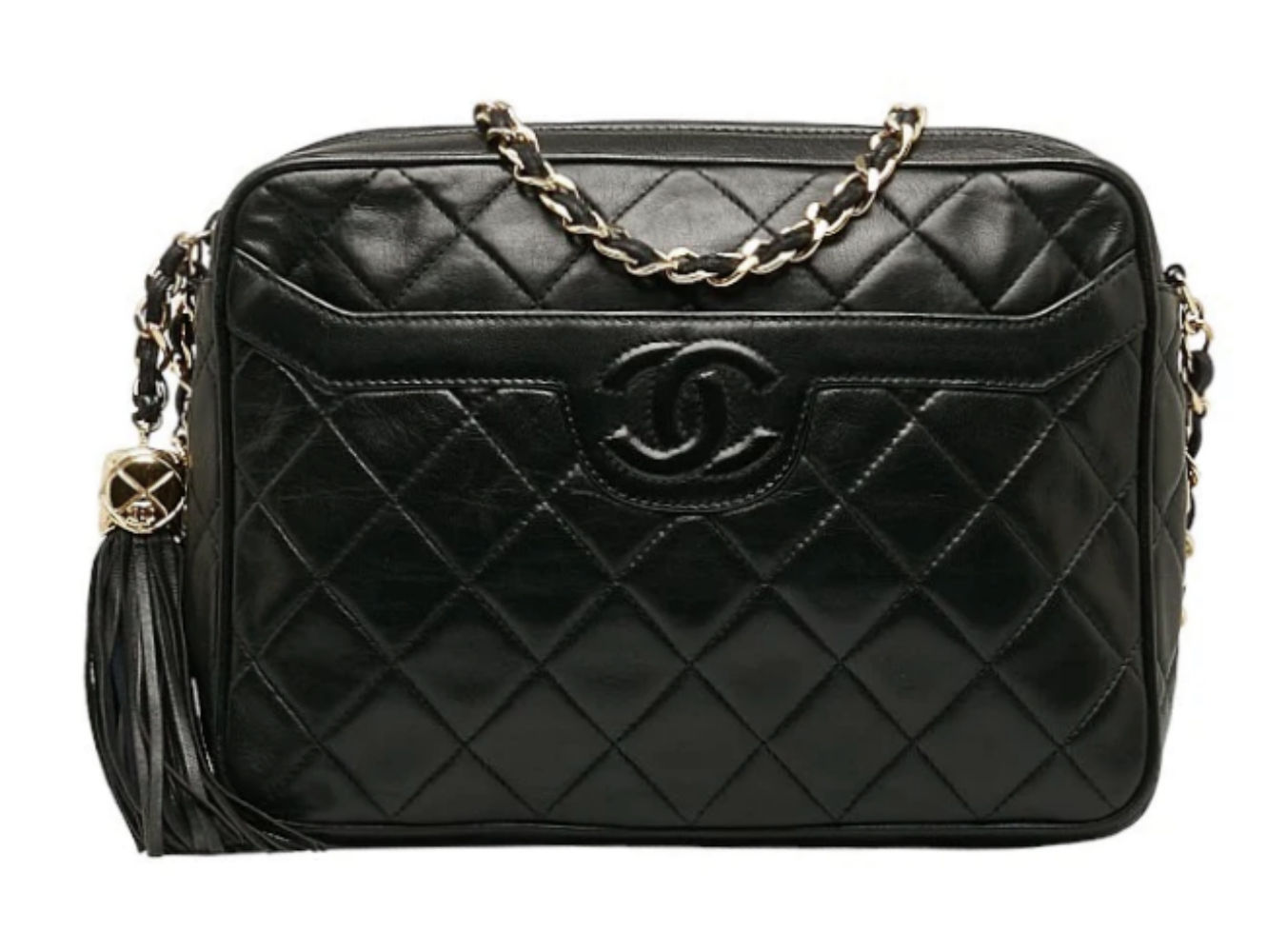 CHANEL Lambskin Leather Camera Crossbody Bag Black Quilted CC Logo