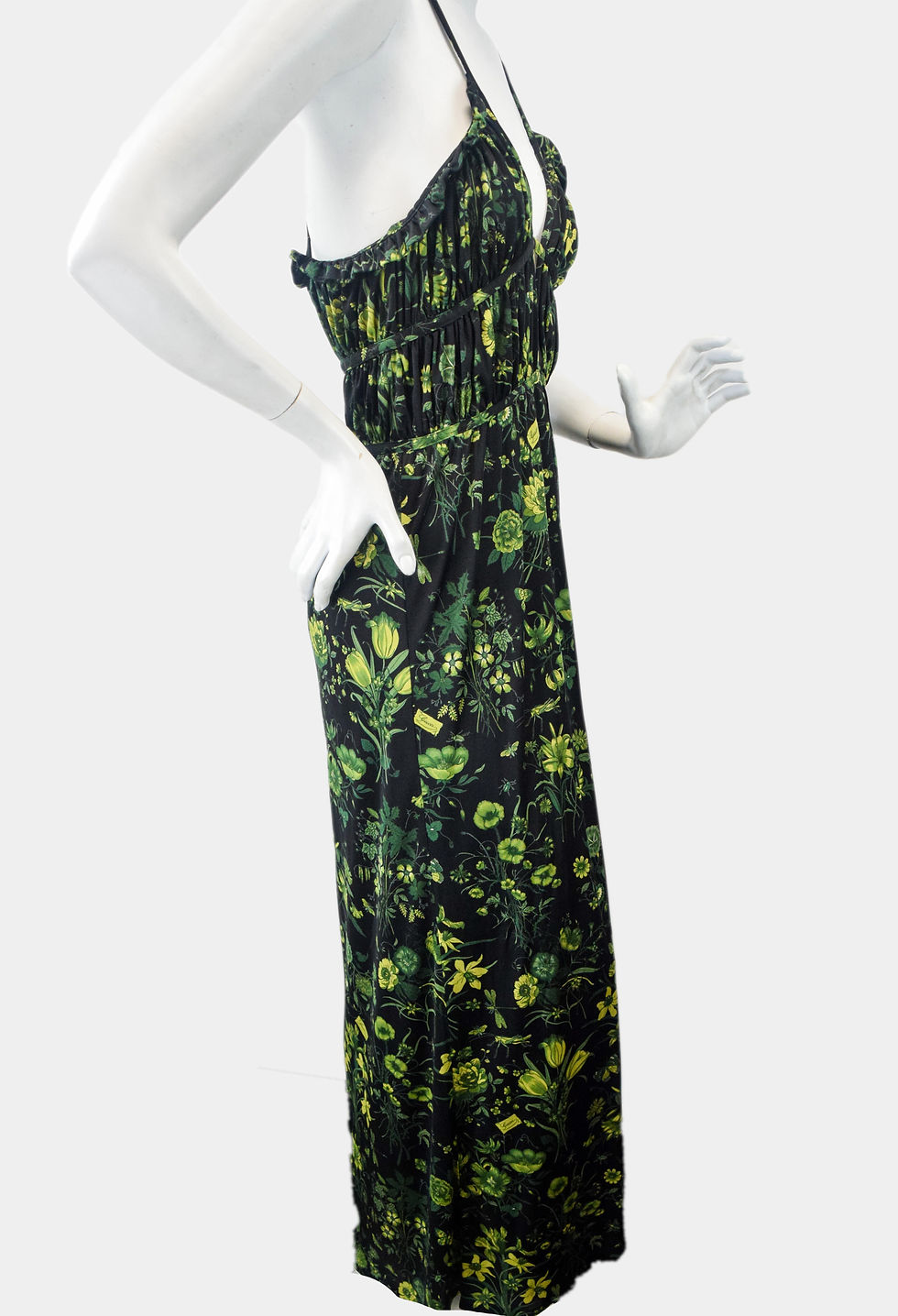 Hình thu nhỏ: GUCCI Jersey Maxi Dress 42 6 Black Green Floral Pattern Ruching Bodice