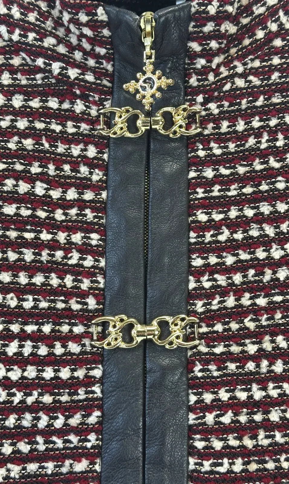 Hình thu nhỏ: ST. JOHN Collection Knit Leather Trim Jacket 6 Red Brown Tweed Gold Buckle