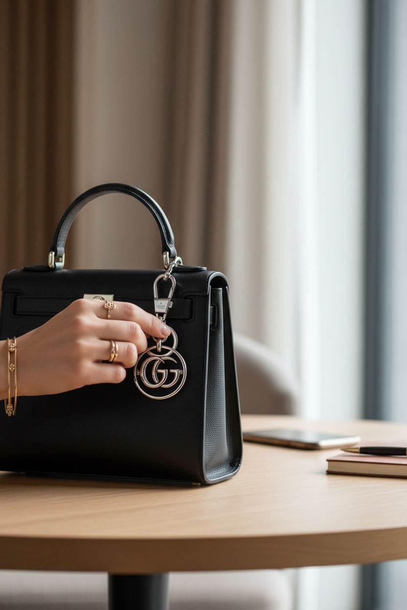 Thumbnail: GUCCI Charm Interlocking Logo Keychain Silver GG Design Key Ring Metal Authentic