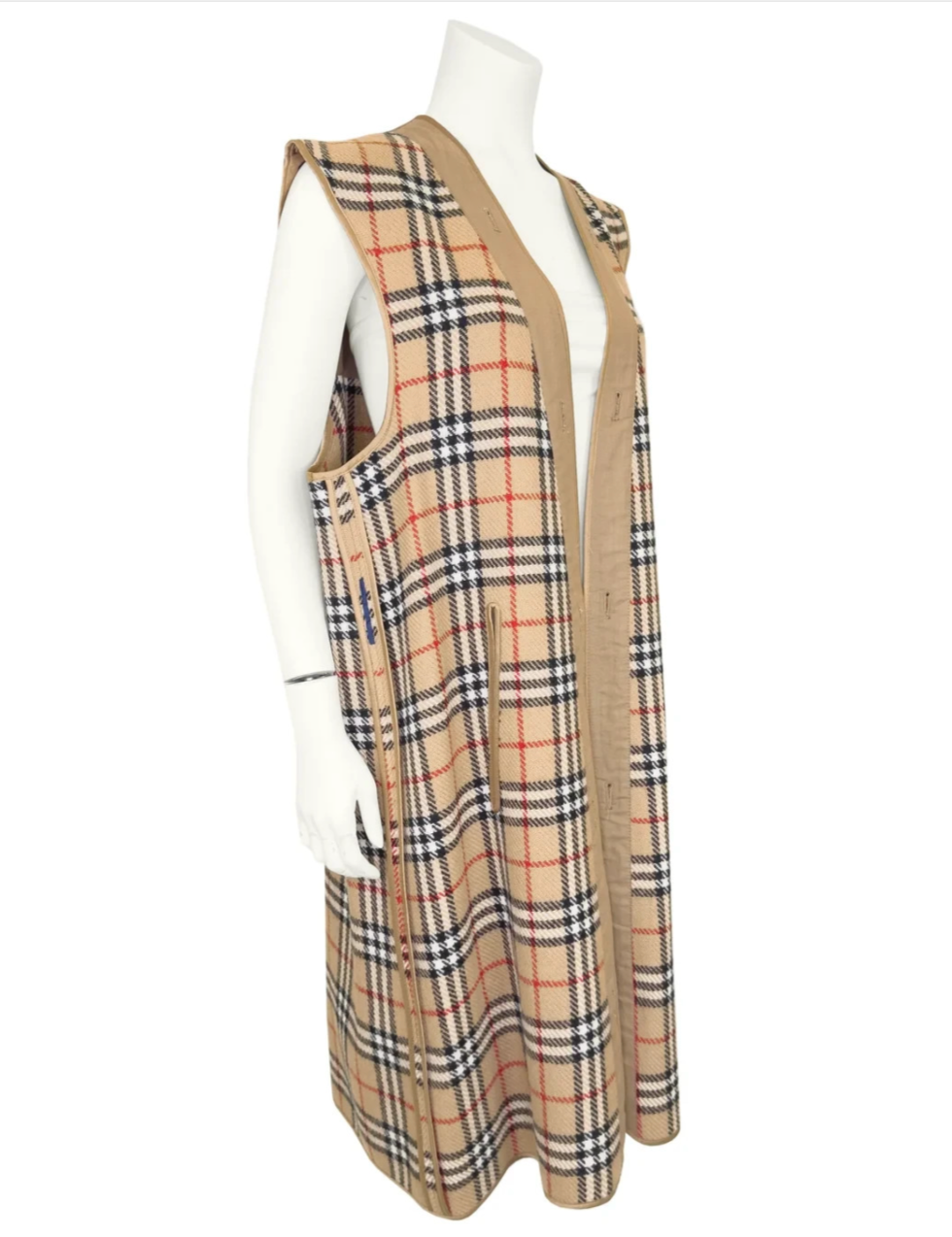 縮圖：BURBERRY Wool Long Liner Vest 50 Reg Tartan Print Brown Open Front XL