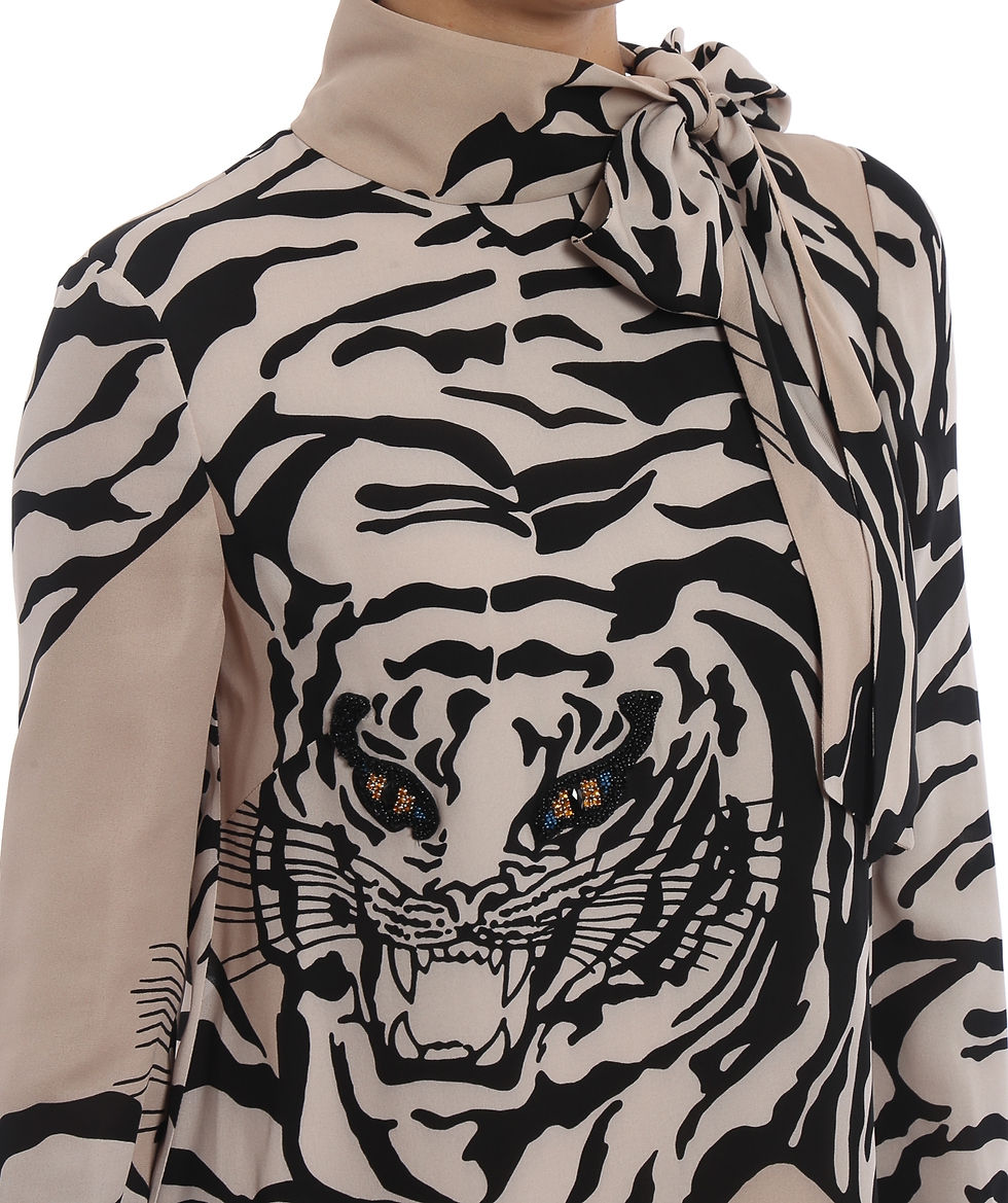 Thumbnail: VALENTINO Tiger Print Lavallière Dress 6 Beige / Black Embellished Long Sleeeves