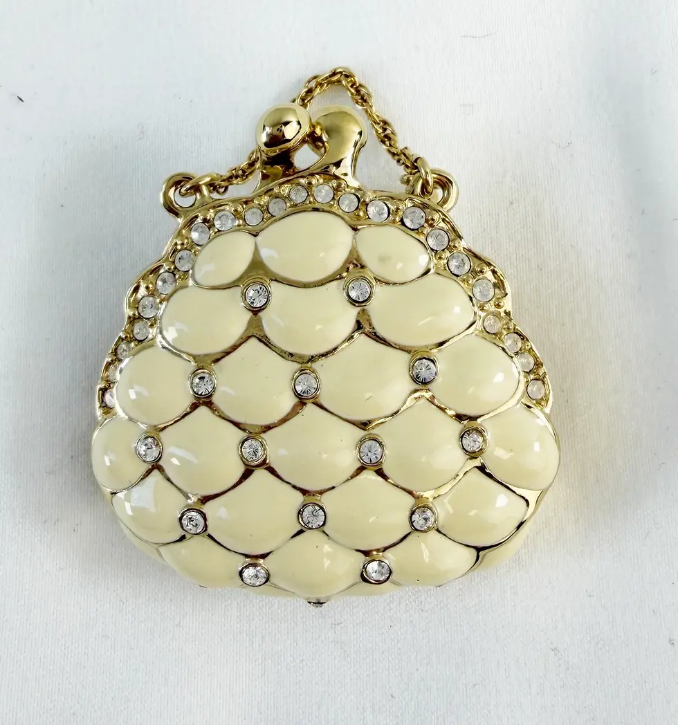 Thumbnail: NEW ST. JOHN Handbag Brooch Ivory Enamel Scale Crystals 24KGP Logo Pin Enhancer