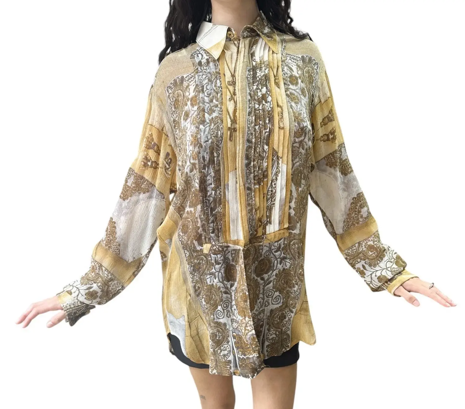 JEAN PAUL GAULTIER FEMME Silk Tunic Blouse 10 Tan Multicolor Matador