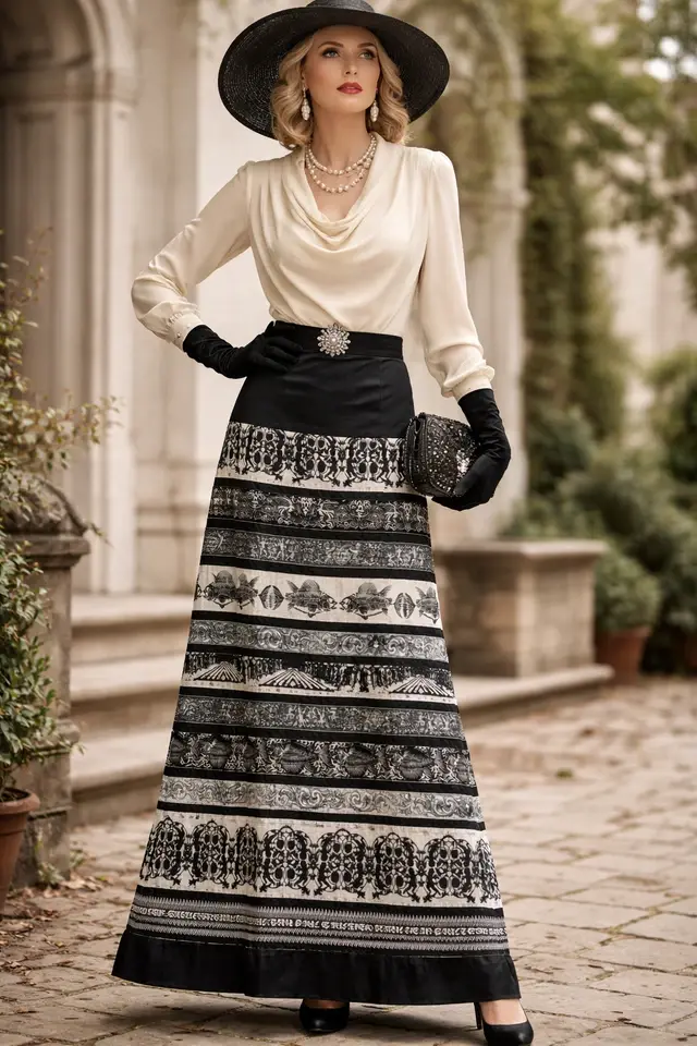 Thumbnail: Vintage JEAN PAUL GAULTIER Soleil Fish Pattern Black White Medium Long Skirt JPG