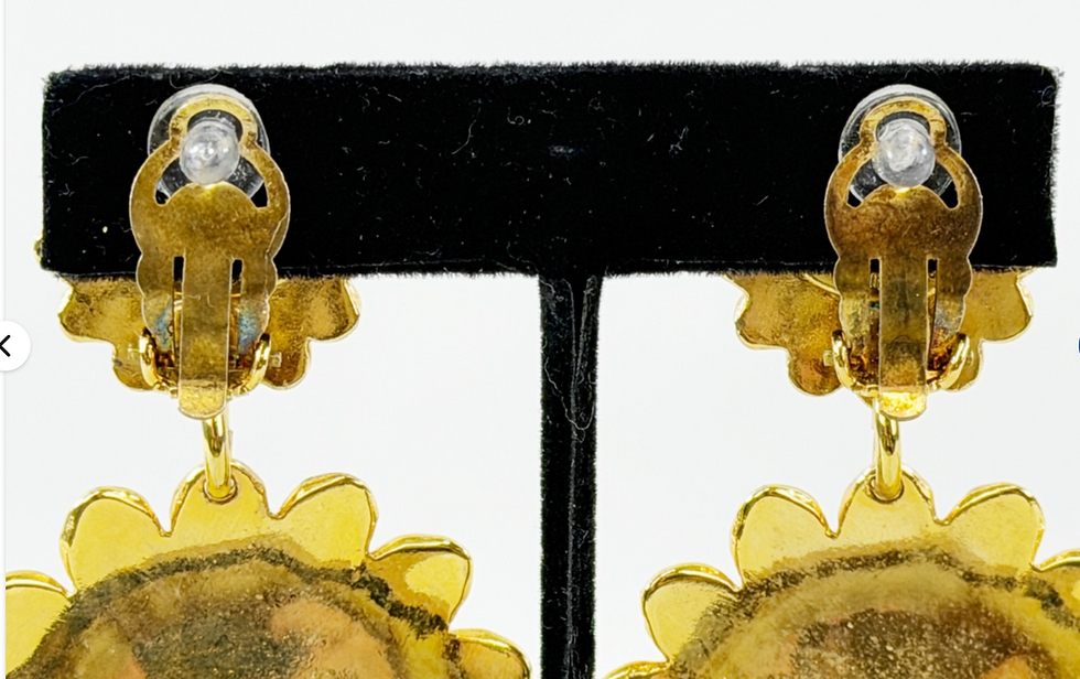 Thumbnail: JACQUES FATH Gold Tone Sunflower Daisy Dangle Clip On Earrings Gold Tone