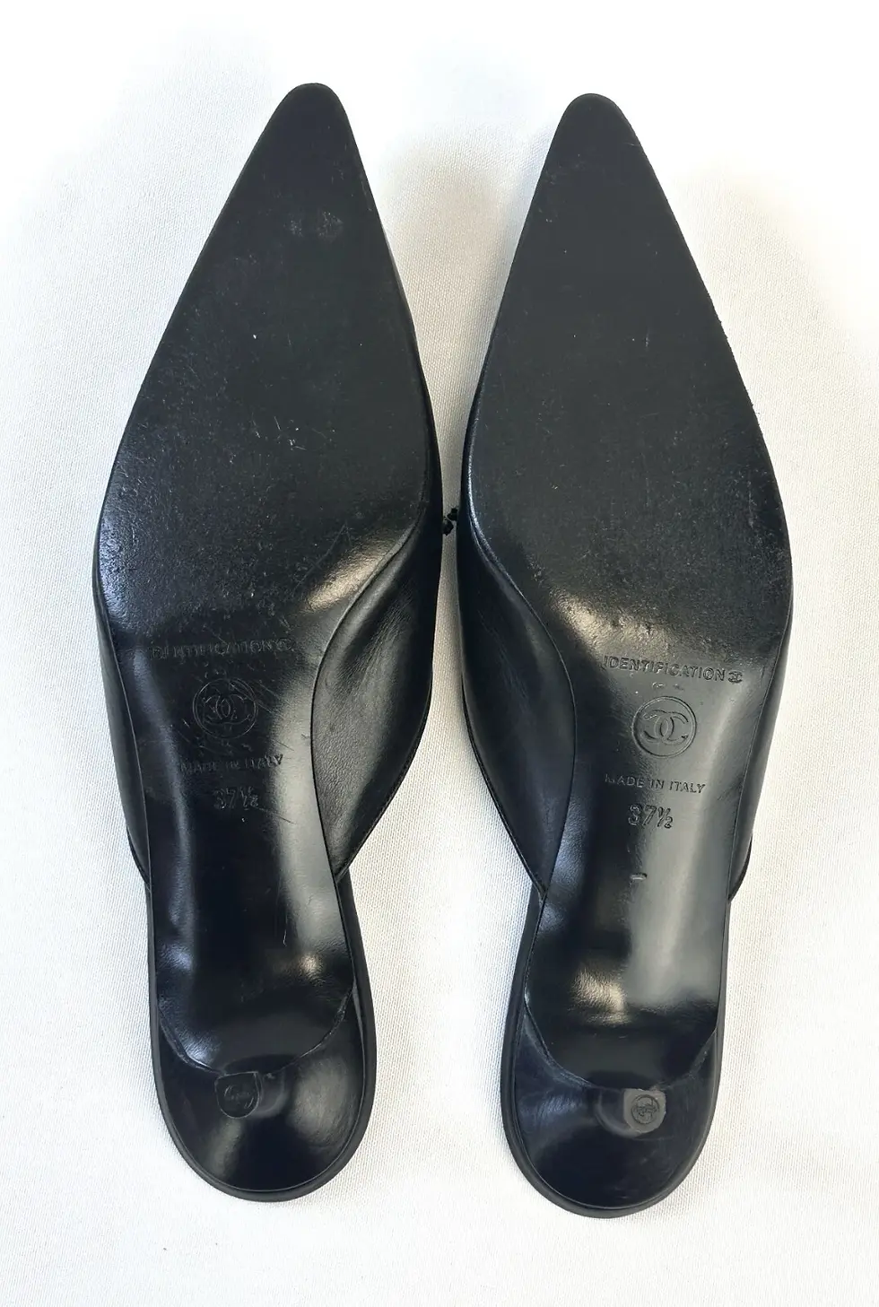 Hình thu nhỏ: CHANEL Black Leather Pointed Toe Bow Pumps 37.5 7.5 Mules Kitten Heels