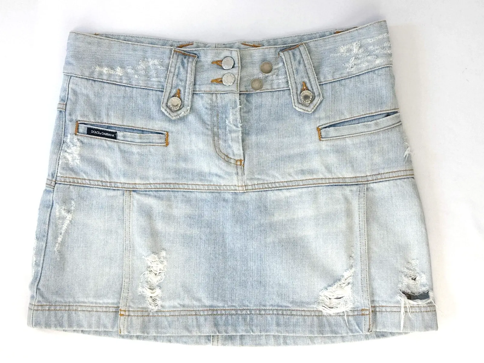 DOLCE & GABBANA Cotton Denim Mini Skirt 42 6 US Light Blue Wash Distressed