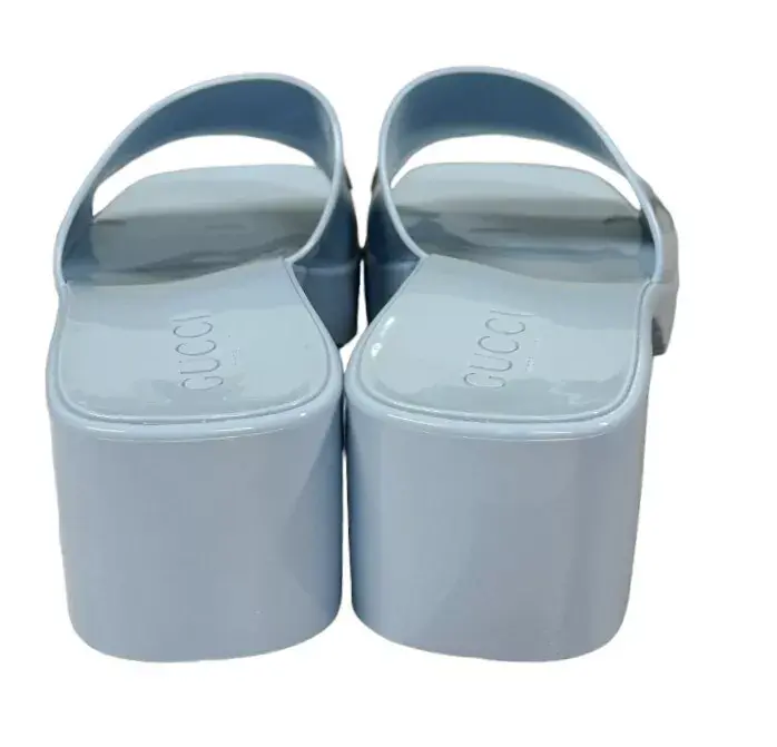 縮圖：GUCCI Women's Block Heel Platform Sandals Light Blue Rubber 37 7 Logo Slide