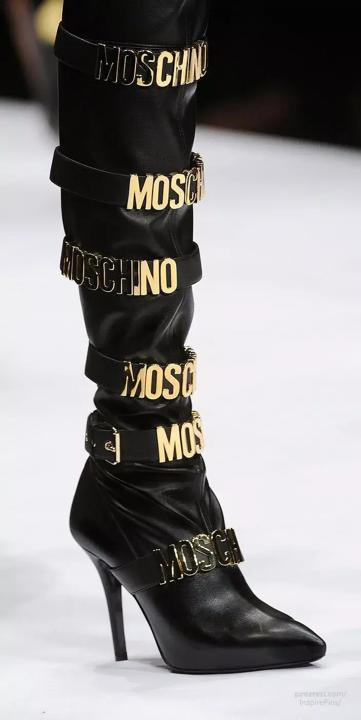 Thumbnail: MOSCHINO F/W 2014 Gold Multi Logo Leather Buckle PointToe KneeHigh Boots 37